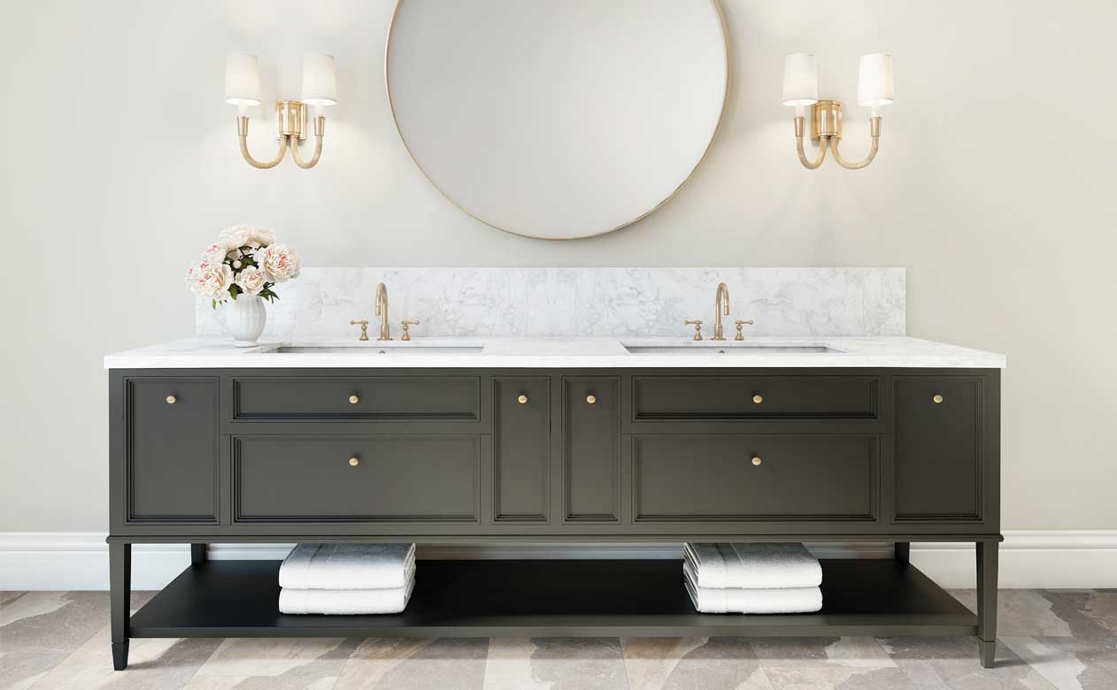 large format stone tile flooring in bathroom with dark brown wood sink vanity and white stone countertops